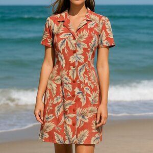 Sag Harbor Silk Dress size Medium Button Front Salmon Pink Tropical Print